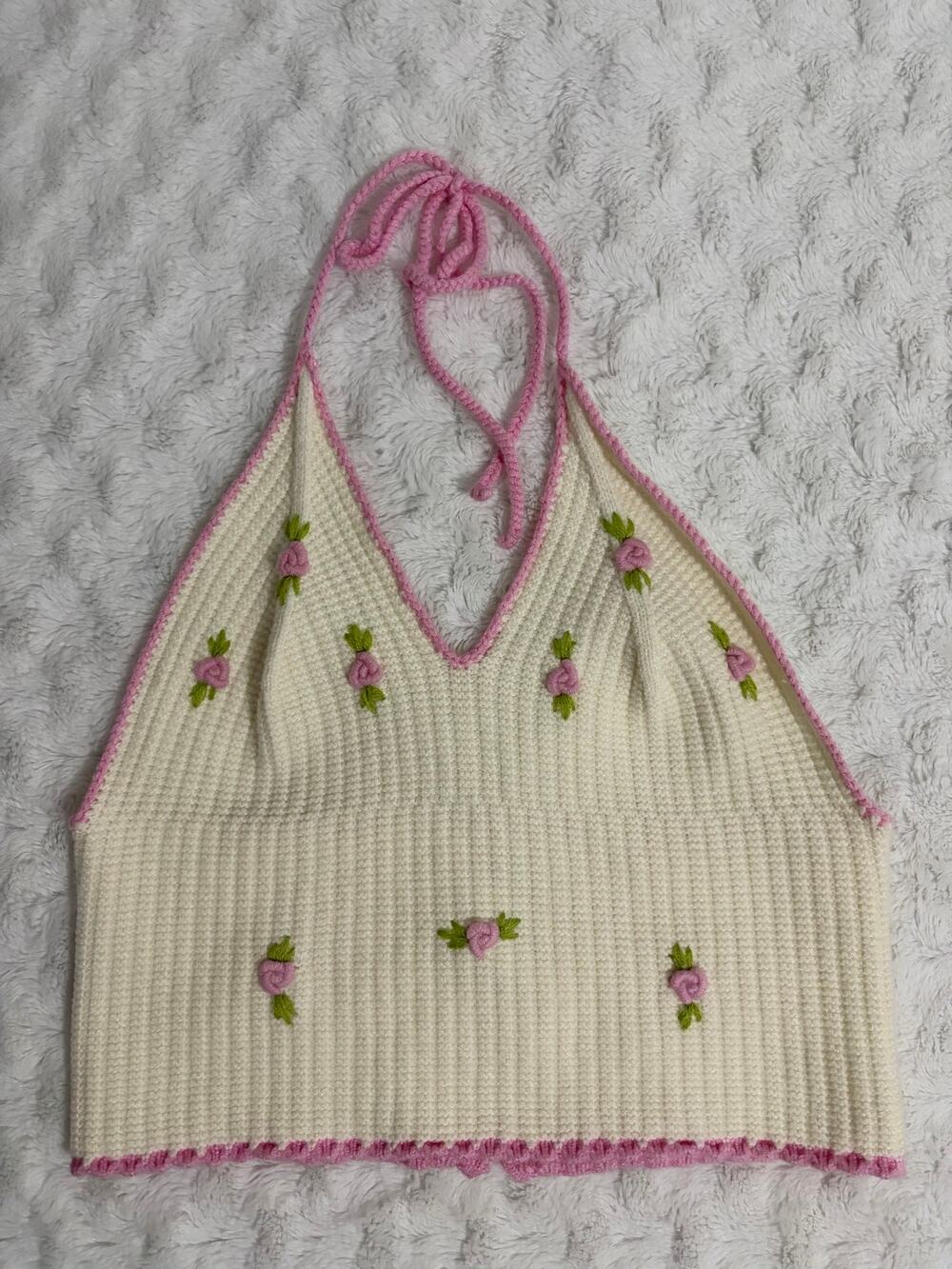 Cider Cream Pink Floral Sweater Knit Halter Cropped Y2K 90s Boho Tank Top M